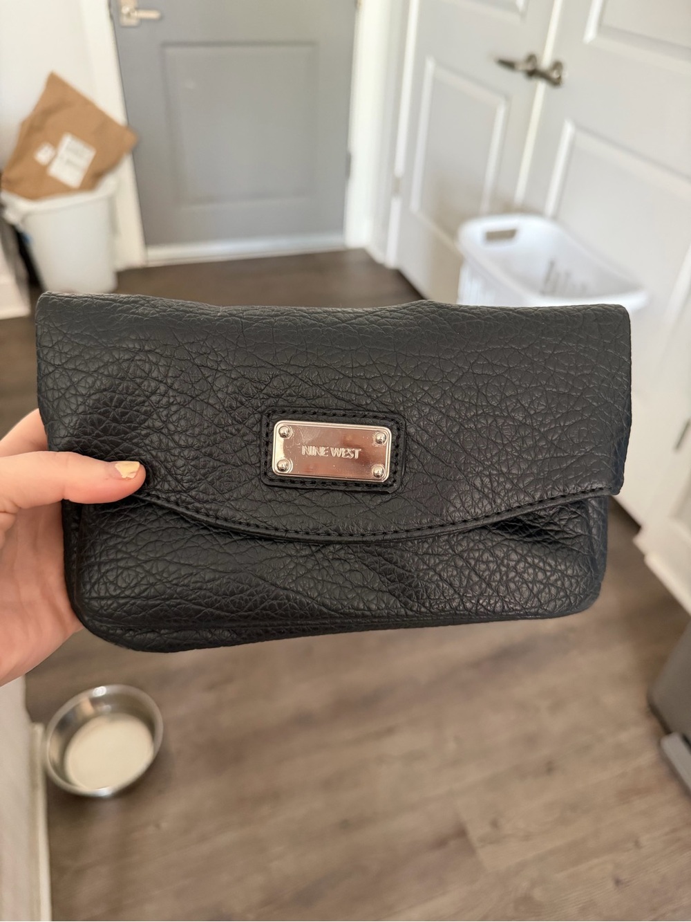 Nine West Black Leather Fold-Over Clutch and crossbody purse